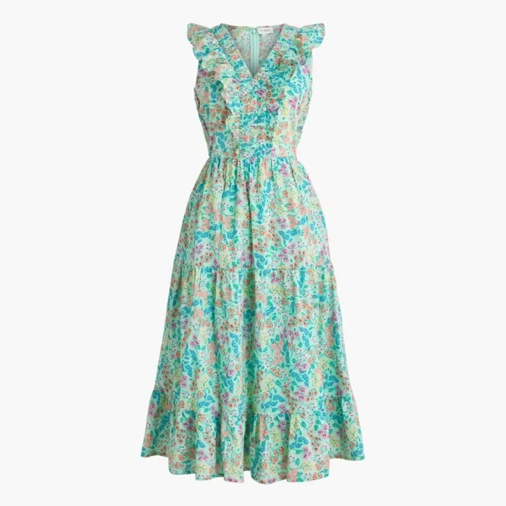 💕J. CREW💕 Printed V-Neck Smocked Midi Dress ~ Fresh Spearmint Floral Print 8